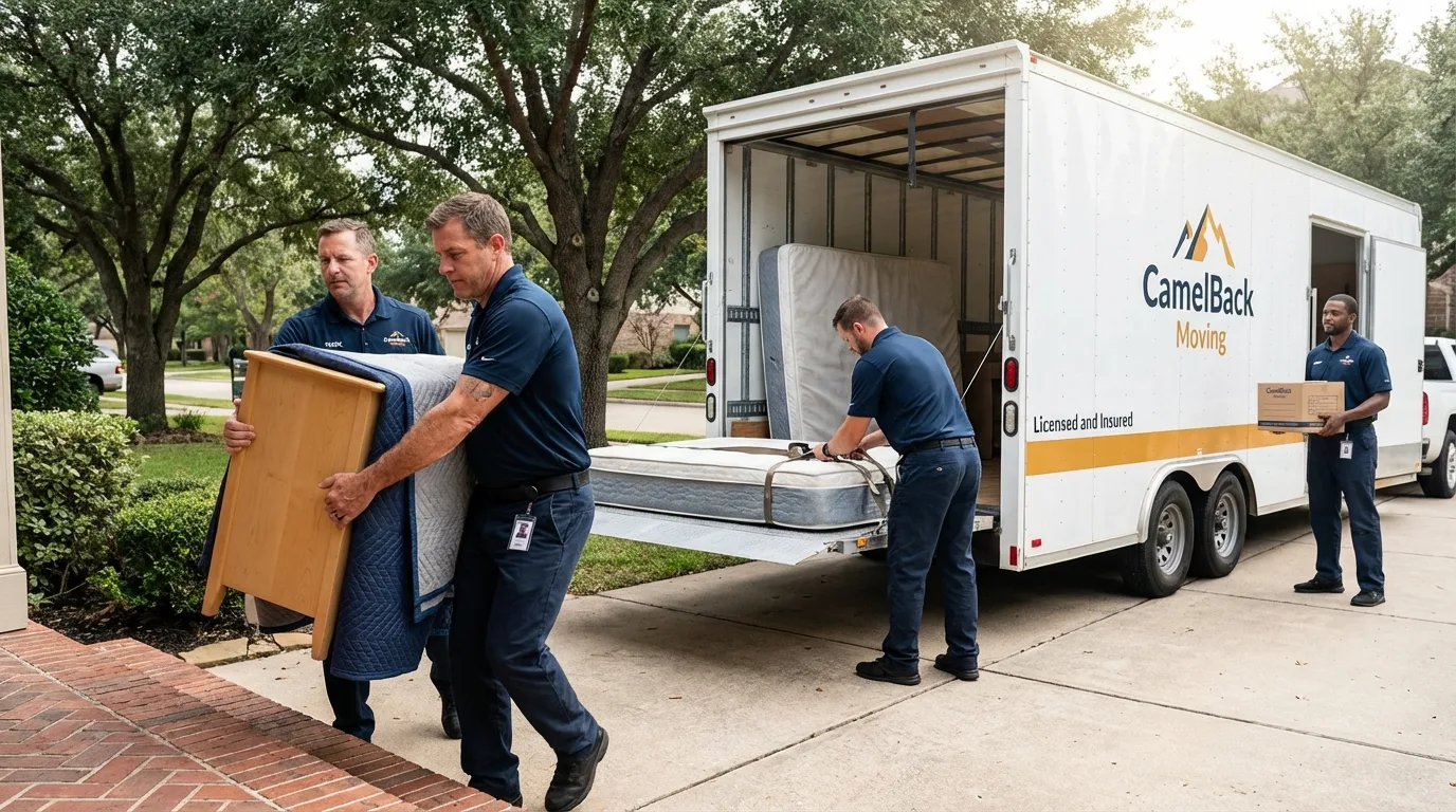 Crew loading residential truck for cross-state move from Van Meter, IA