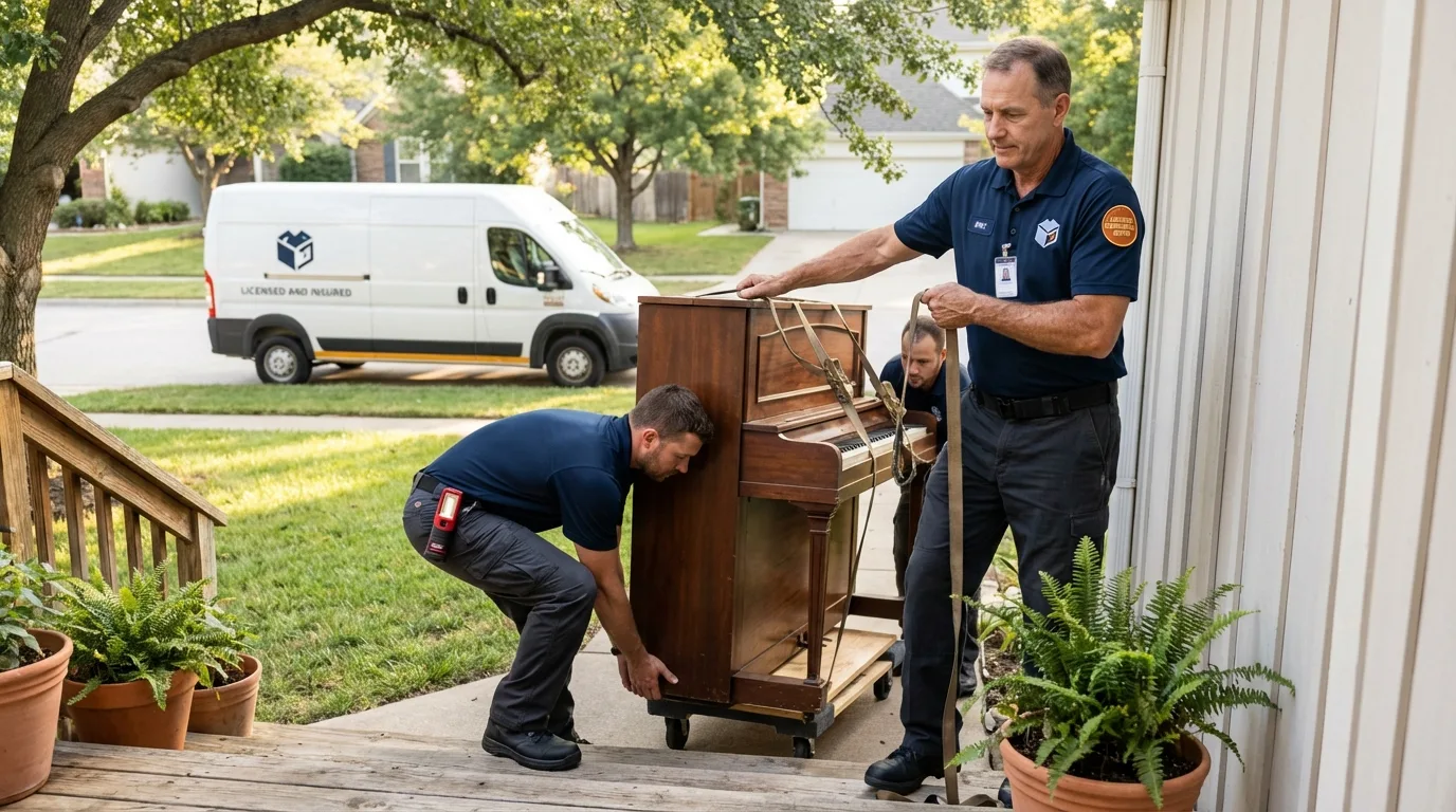 Licensed piano movers securing grand piano in Van Meter, IA